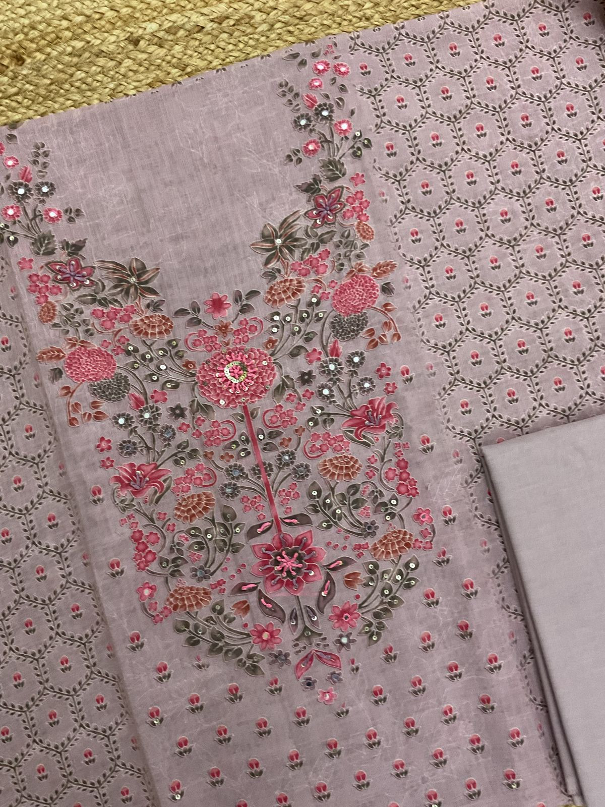 Soft Linen Jute Cotton Printed Embroidered Suit - Mauve