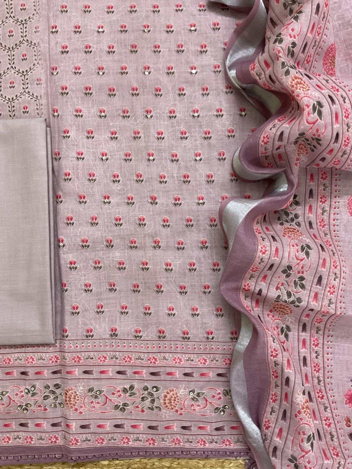 Soft Linen Jute Cotton Printed Embroidered Suit - Mauve