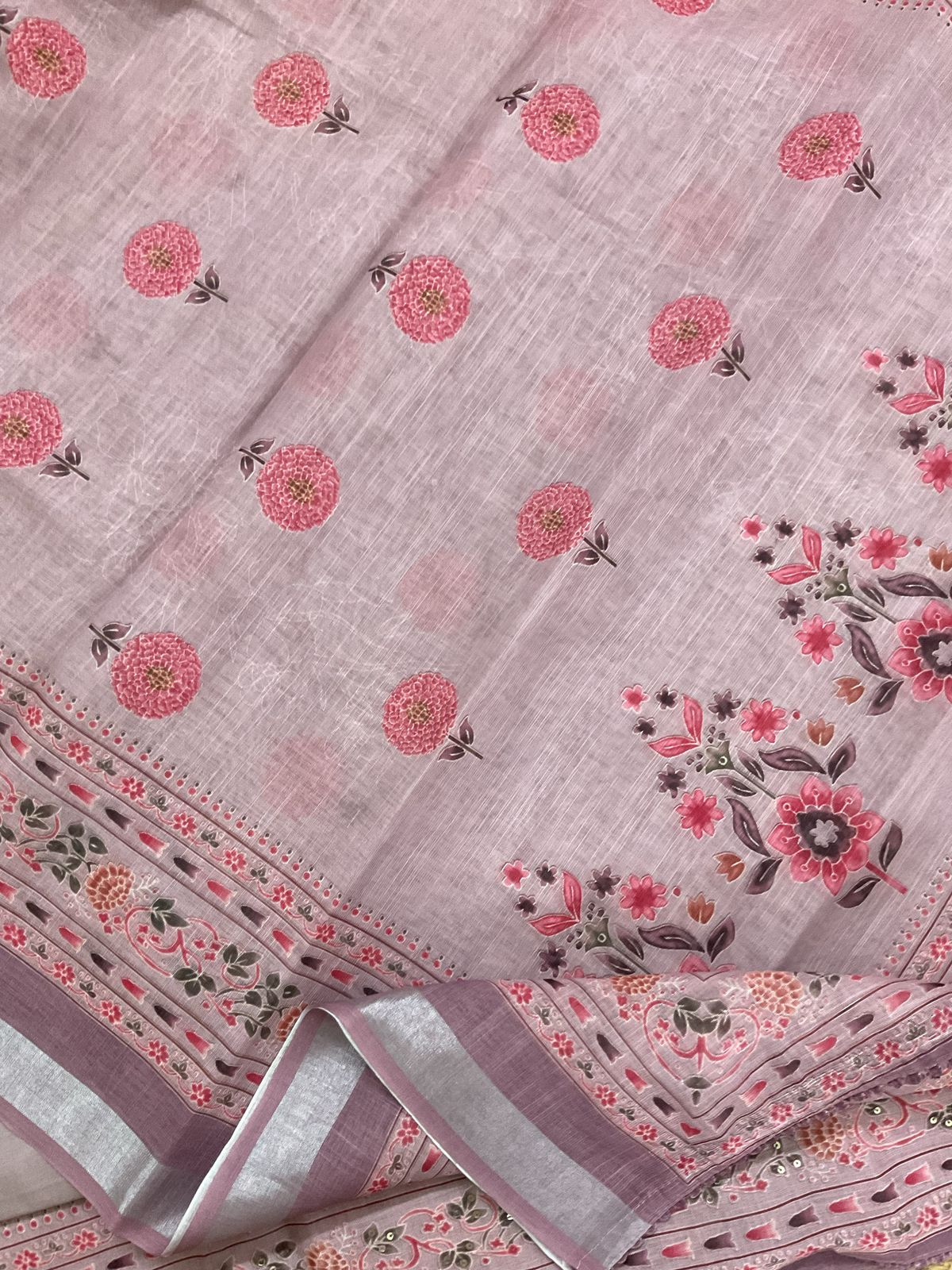 Soft Linen Jute Cotton Printed Embroidered Suit - Mauve