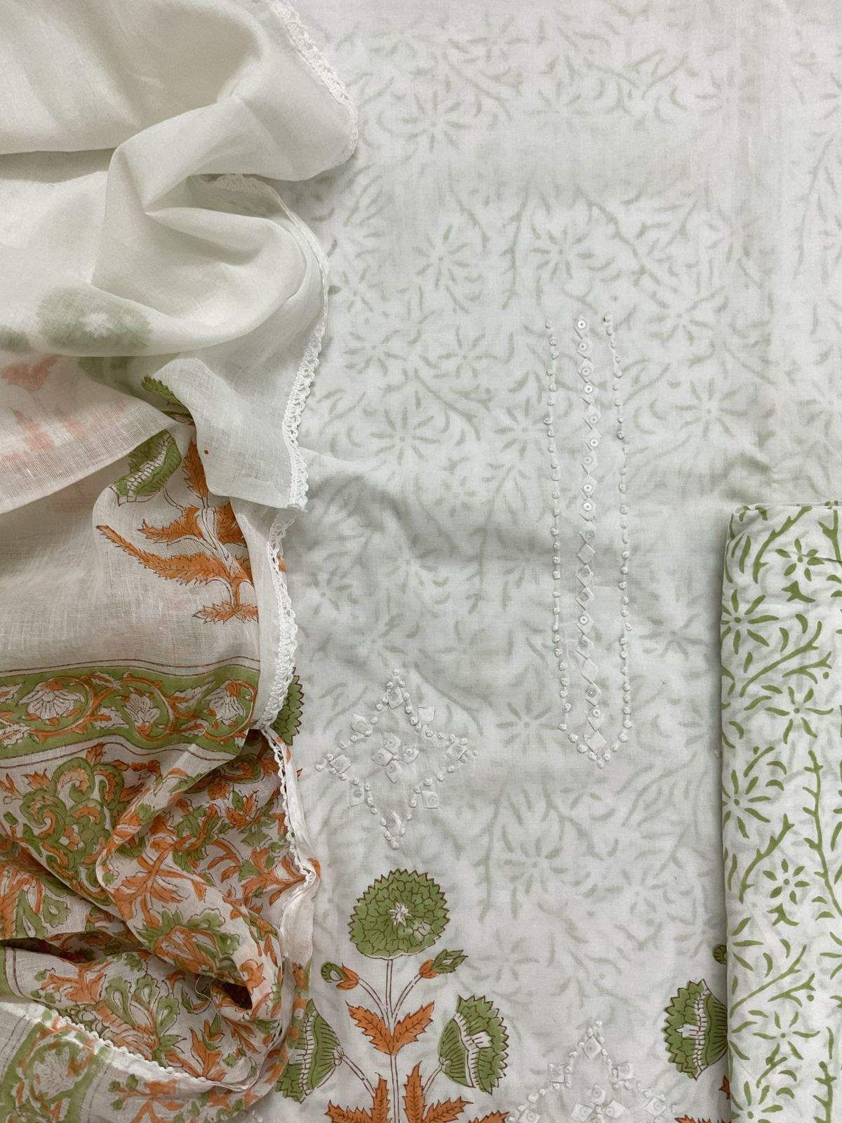 Pure Cotton Printed Appliqu Work Suit - Offwhite