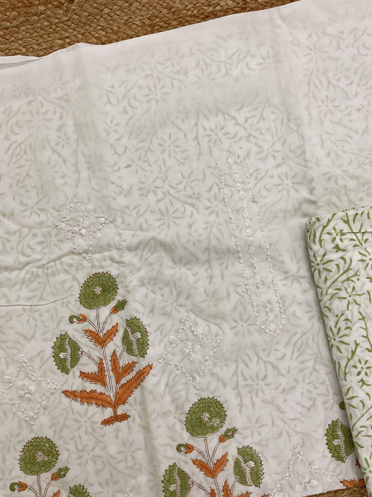 Pure Cotton Printed Appliqu Work Suit - Offwhite