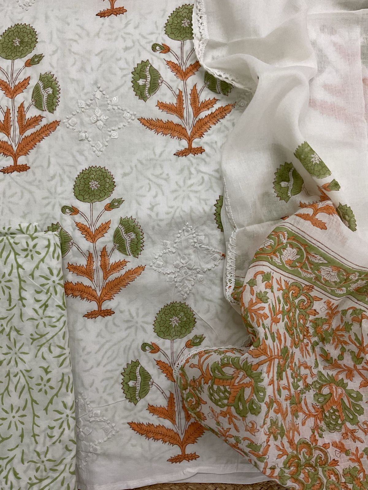 Pure Cotton Printed Appliqu Work Suit - Offwhite