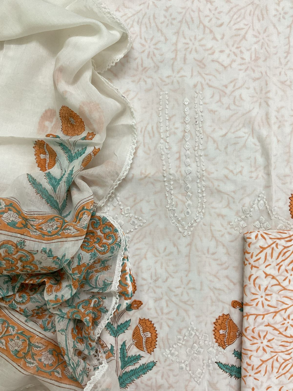 Pure Cotton Printed Appliqu Work Suit - Offwhite