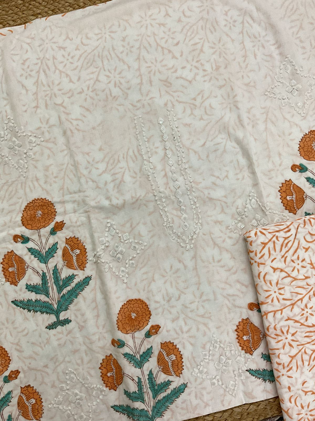 Pure Cotton Printed Appliqu Work Suit - Offwhite