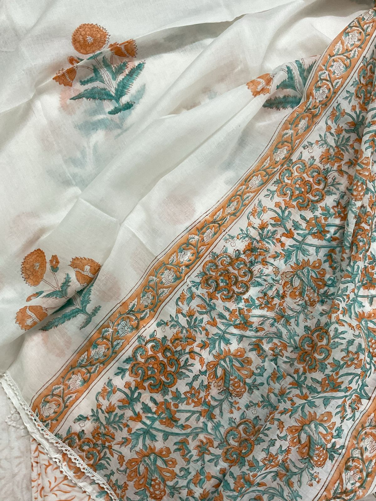 Pure Cotton Printed Appliqu Work Suit - Offwhite