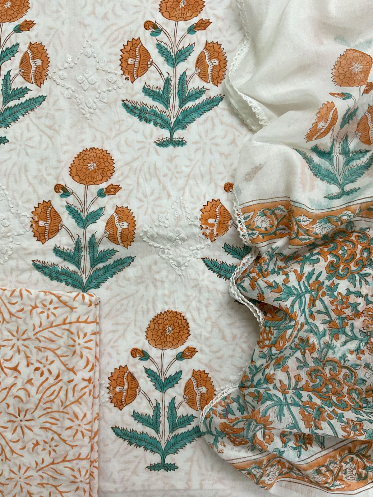 Pure Cotton Printed Appliqu Work Suit - Offwhite