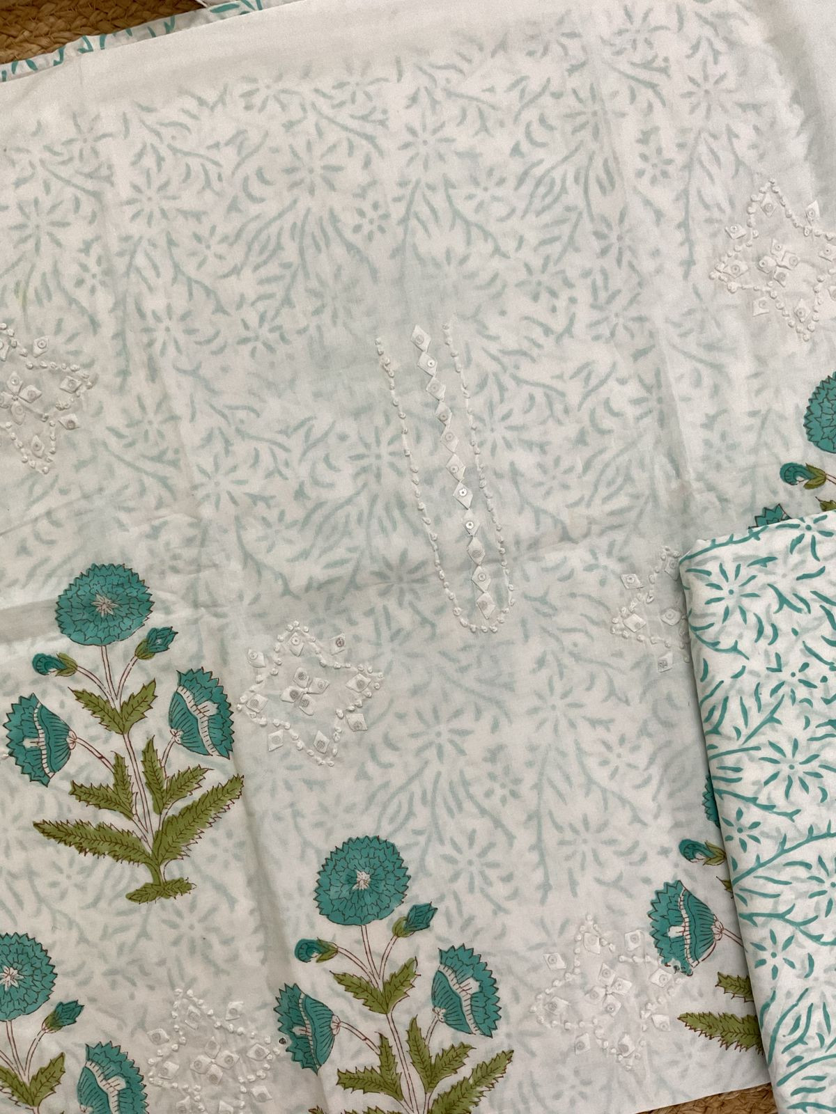 Pure Cotton Printed Appliqu Work Suit - Offwhite