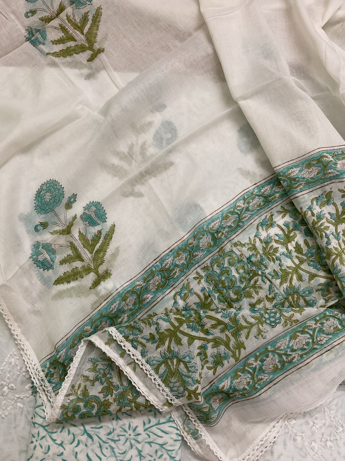 Pure Cotton Printed Appliqu Work Suit - Offwhite