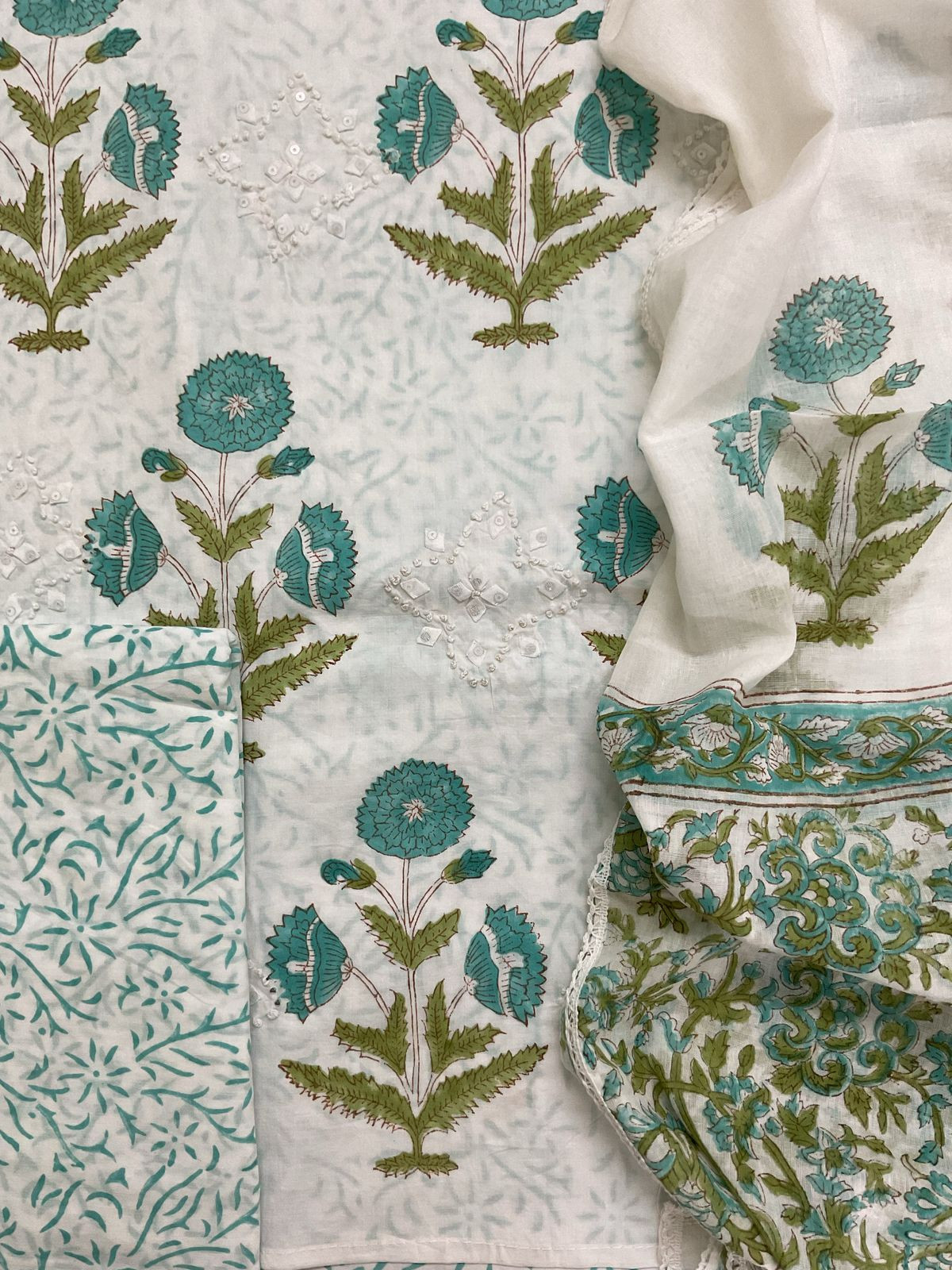 Pure Cotton Printed Appliqu Work Suit - Offwhite