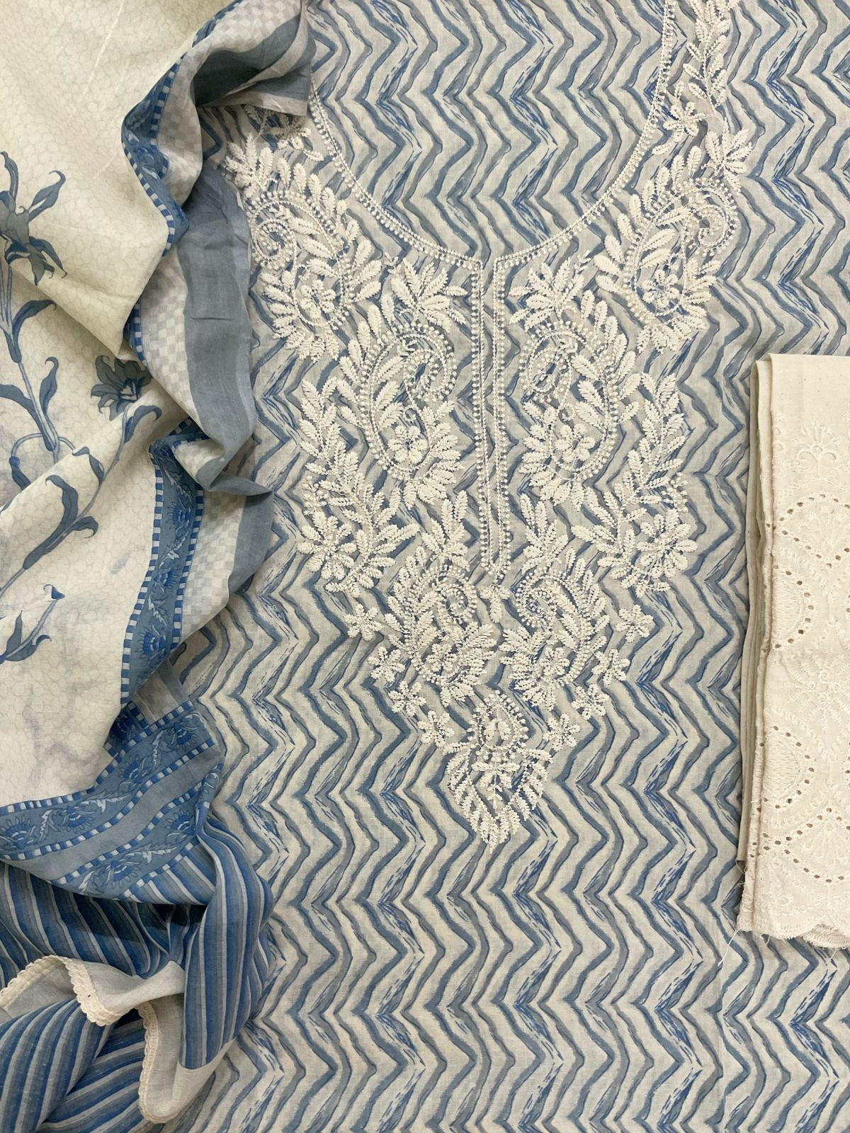 Pure Cotton Printed Embroidered Suit - Blue