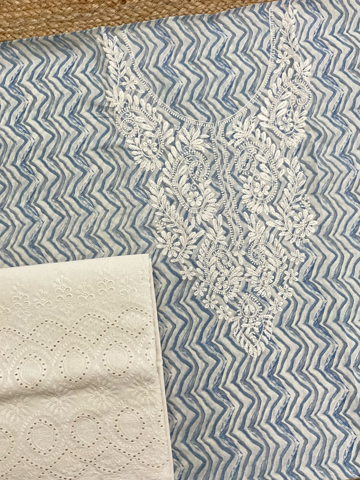 Pure Cotton Printed Embroidered Suit - Blue