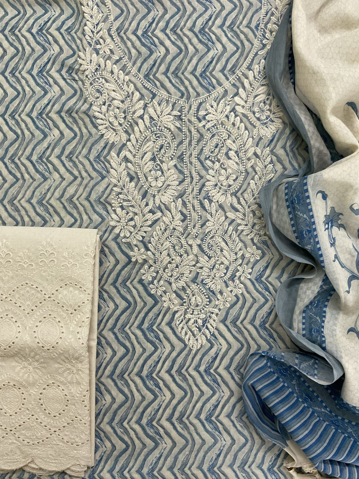 Pure Cotton Printed Embroidered Suit - Blue