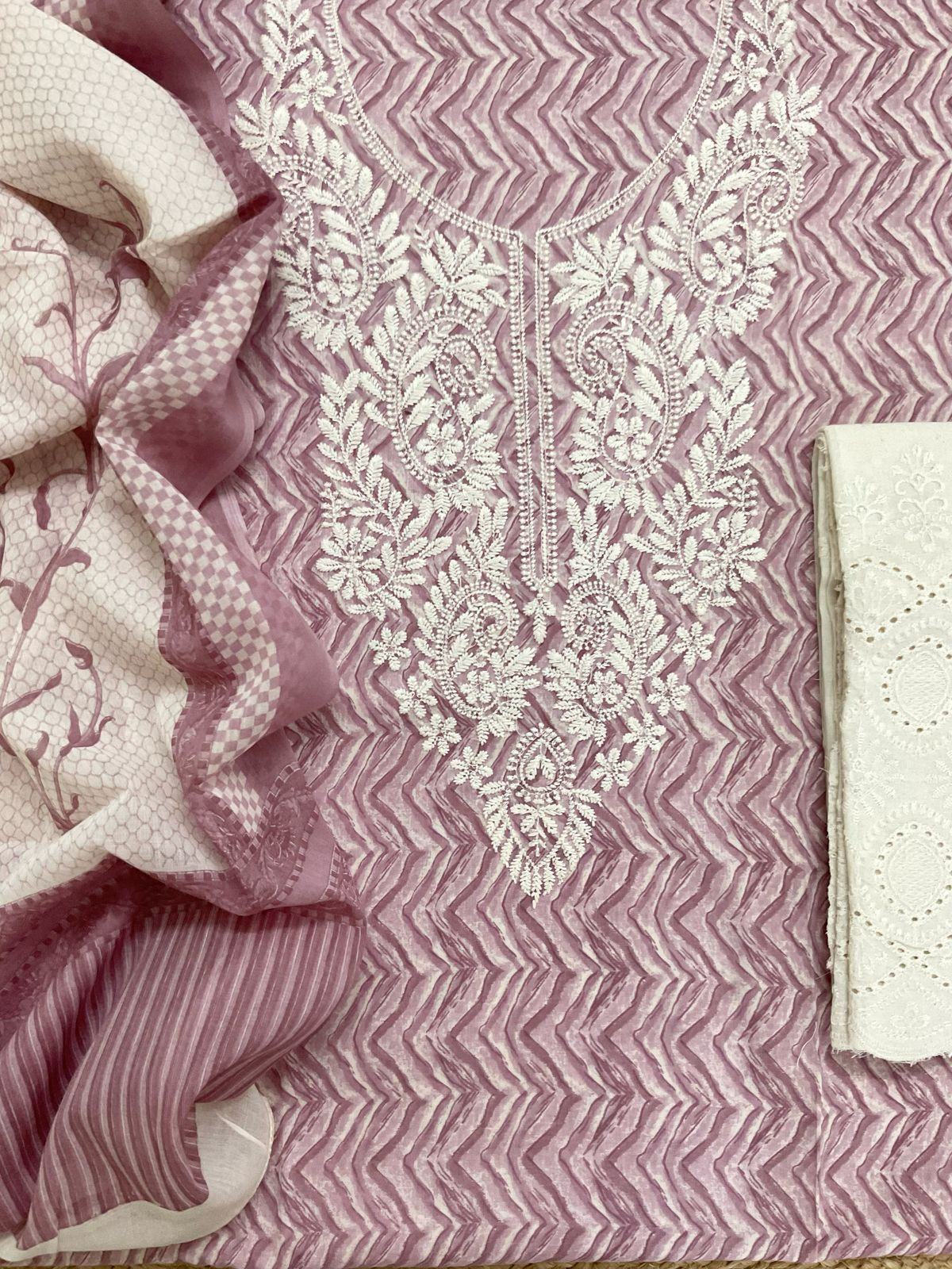 Pure Cotton Printed Embroidered Suit - Mauve