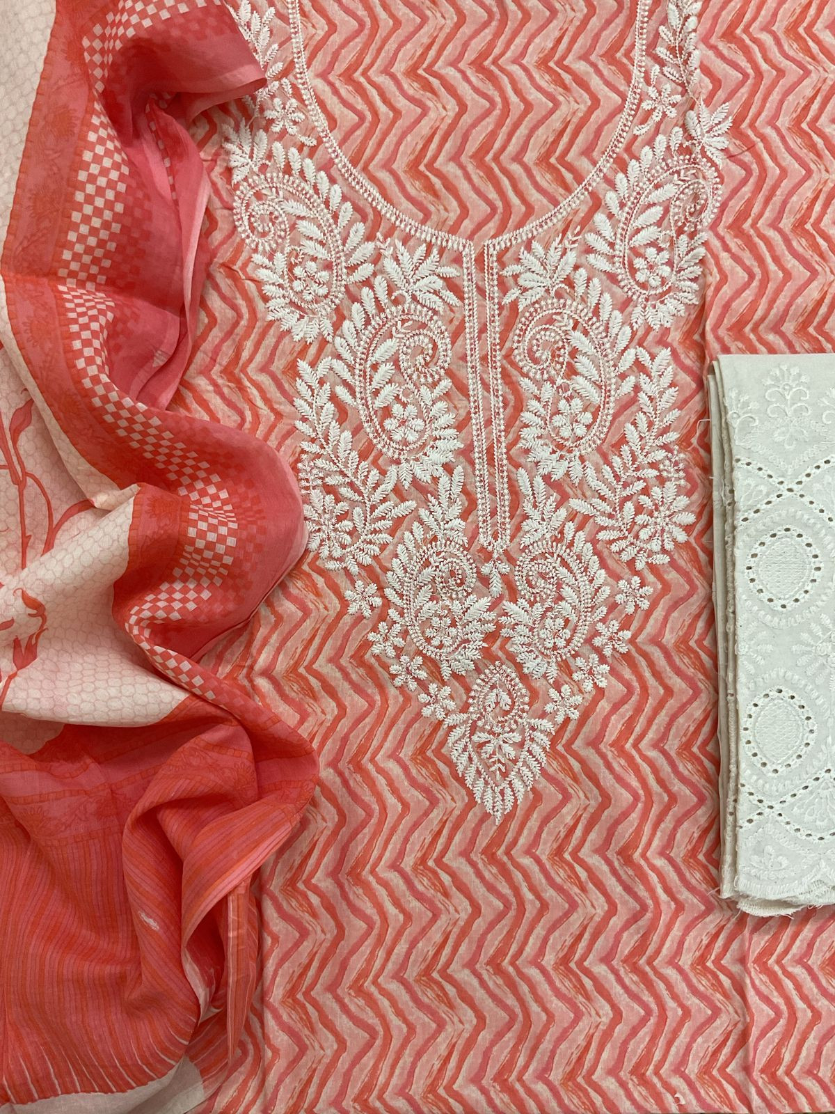 Pure Cotton Printed Embroidered Suit - Orange