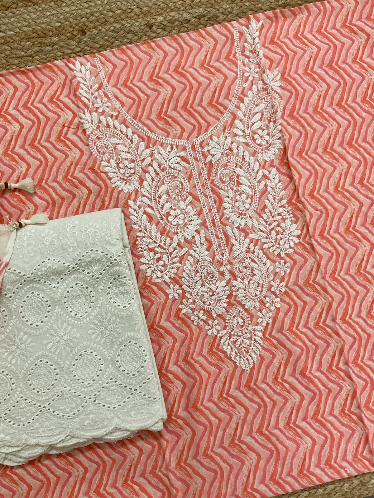 Pure Cotton Printed Embroidered Suit - Orange