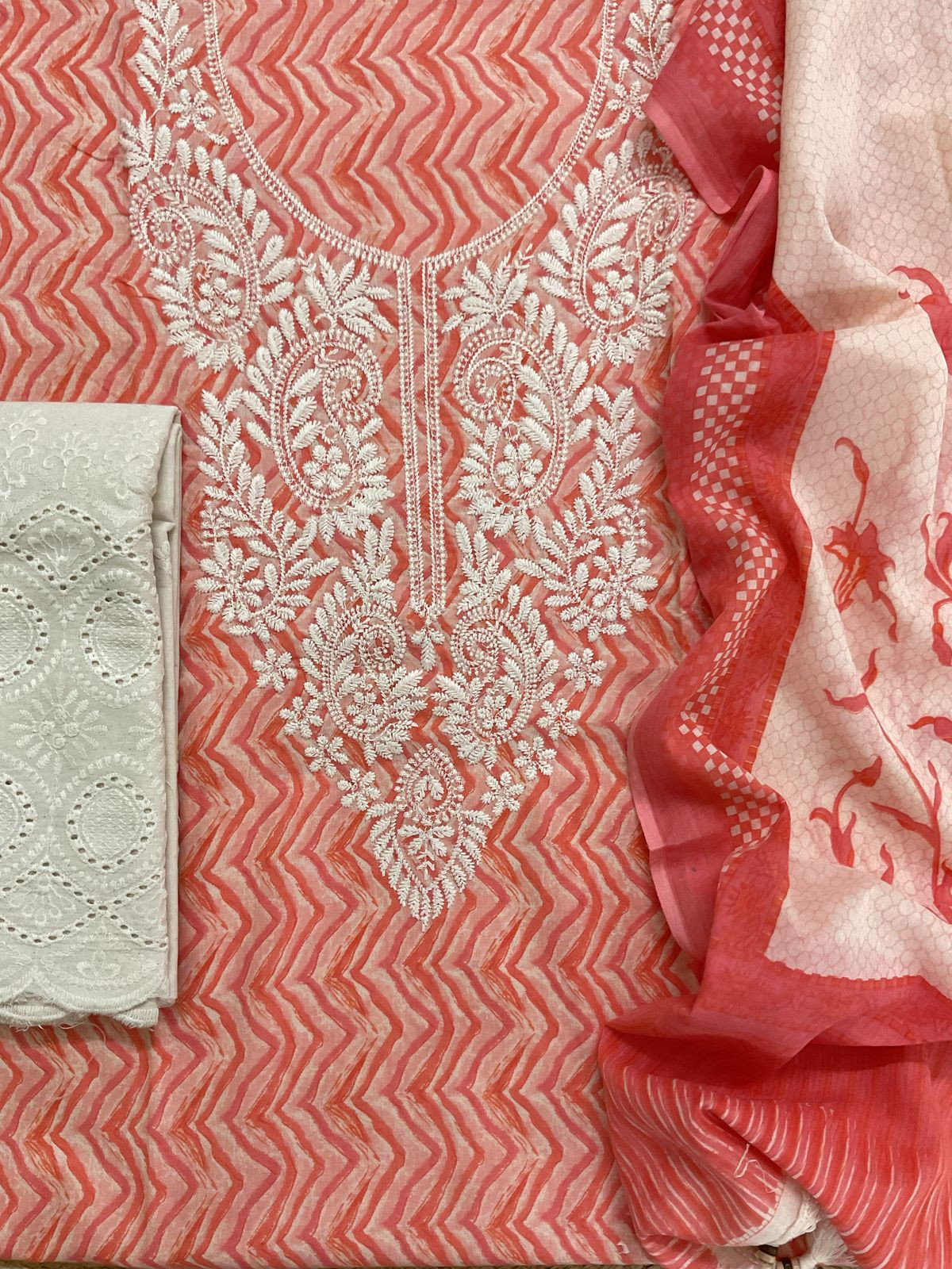 Pure Cotton Printed Embroidered Suit - Orange