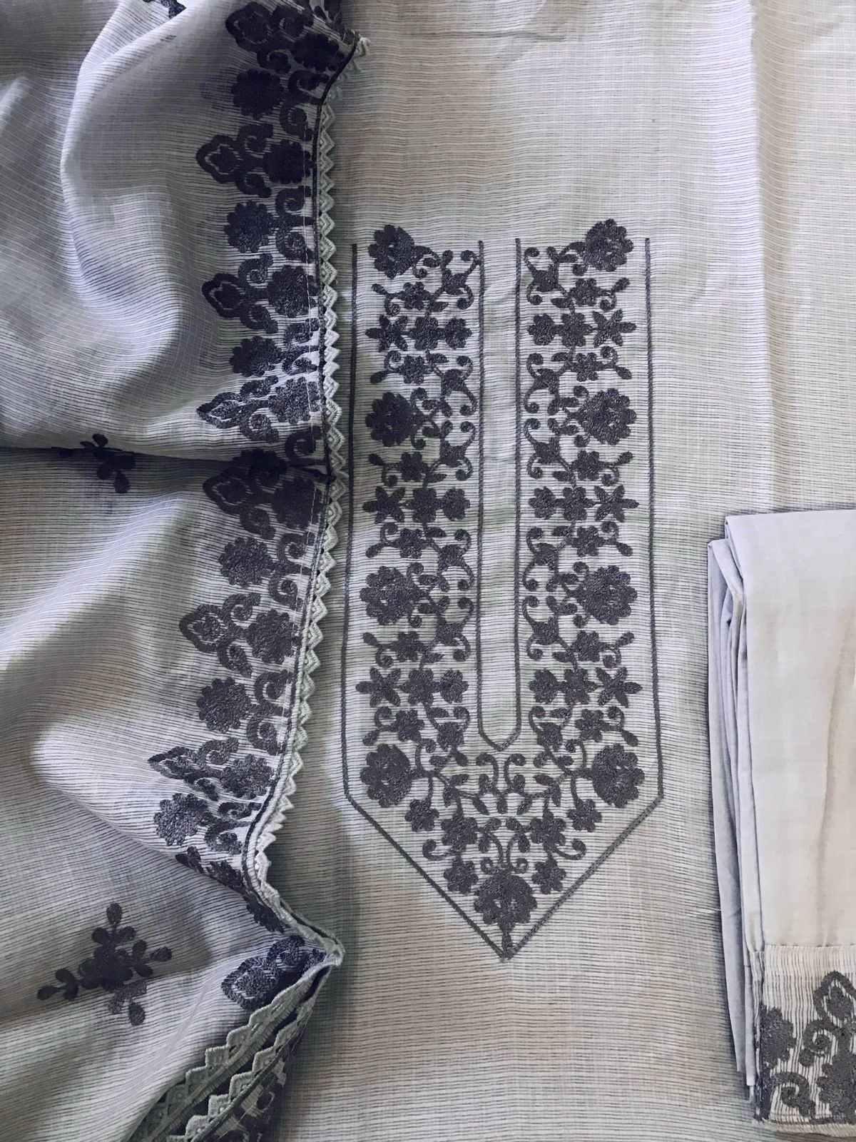Soft Kota Silk Embroidered Suit - Lilac Grey
