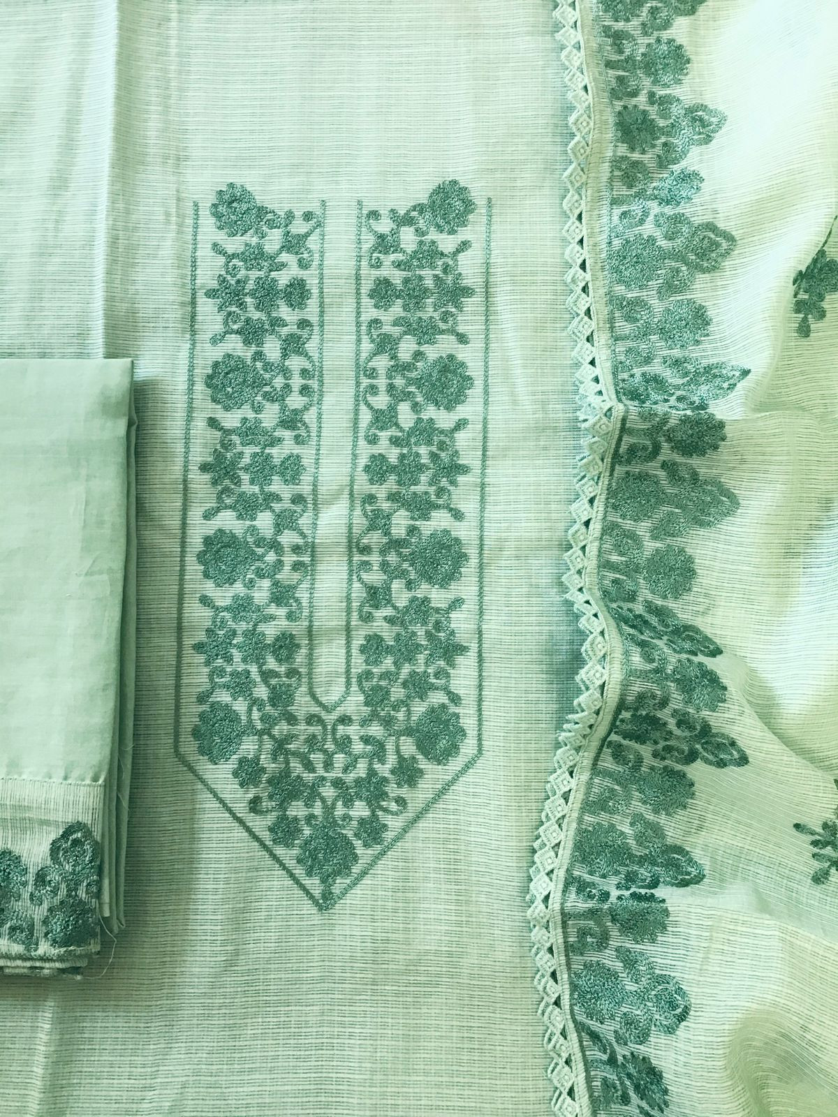 Soft Kota Silk Embroidered Suit - Green