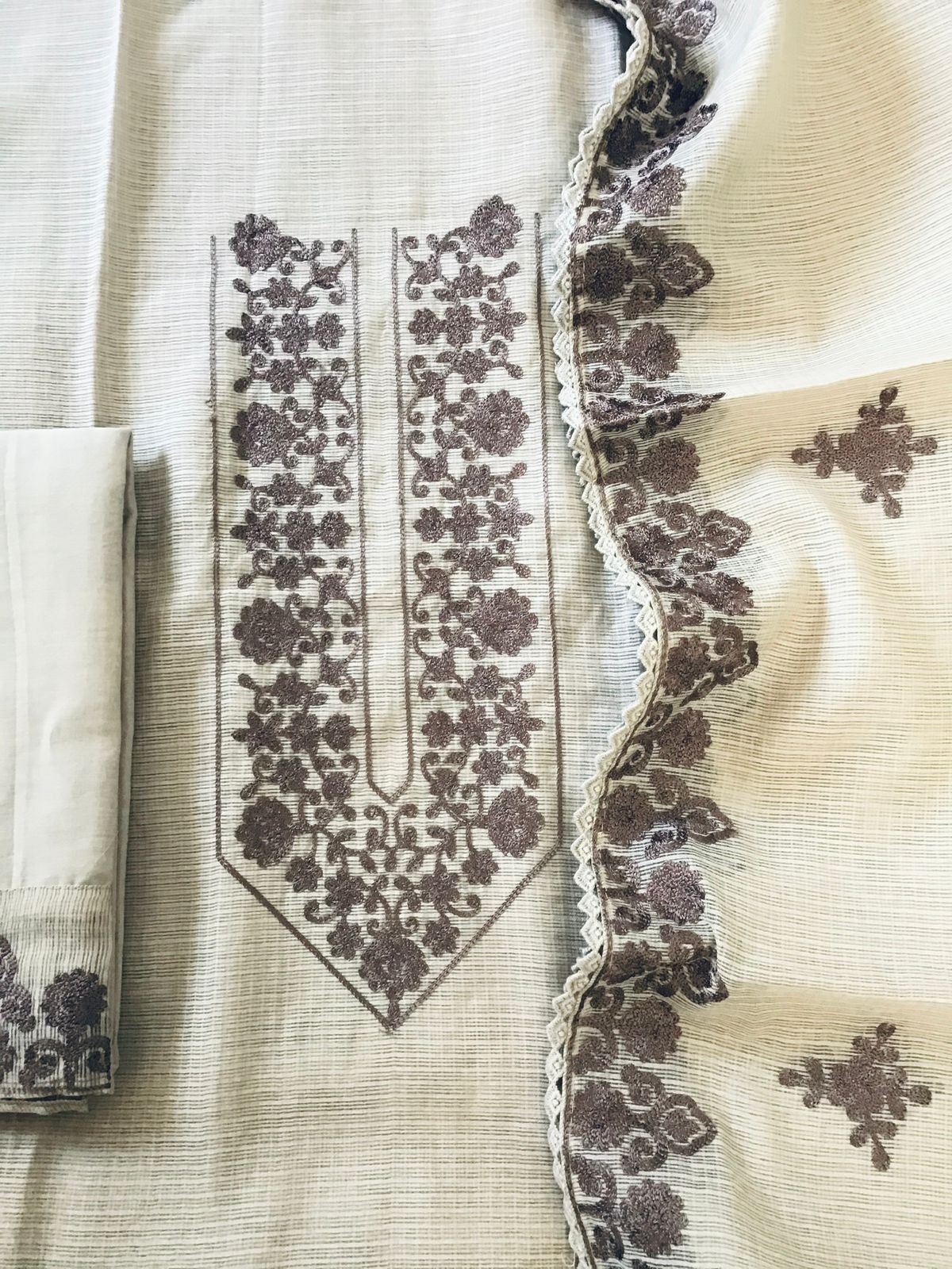 Soft Kota Silk Embroidered Suit - Beige