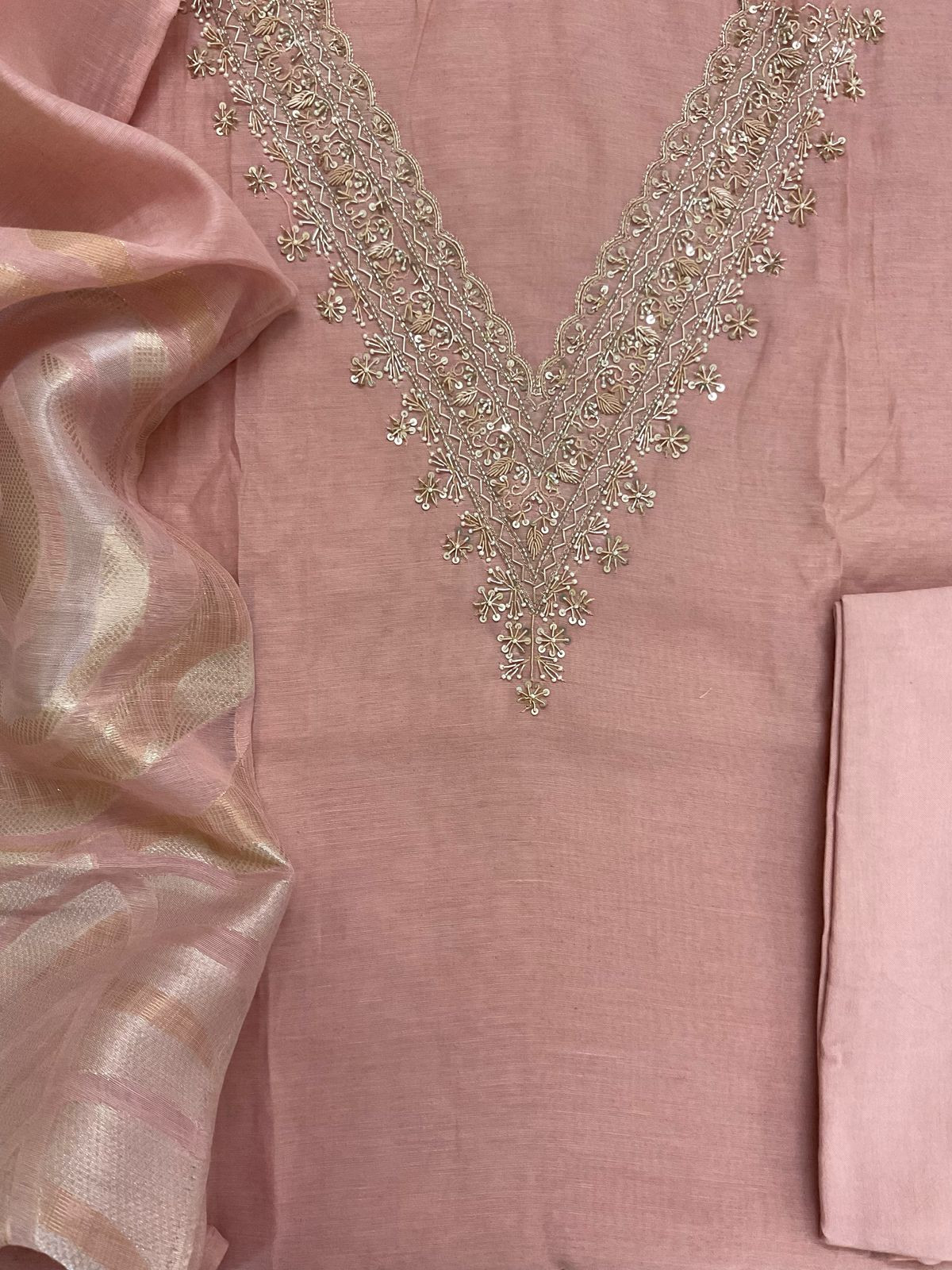 Soft Fine Chanderi Embroidered Jamdani Suit - Pinkish Peach