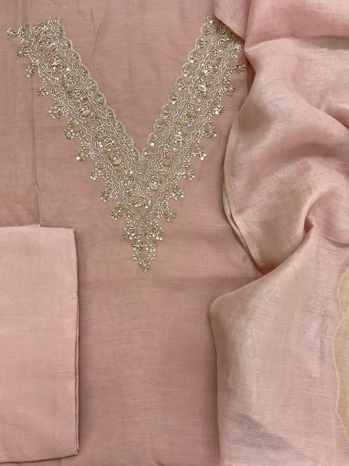 Soft Fine Chanderi Embroidered Jamdani Suit - Pinkish Peach