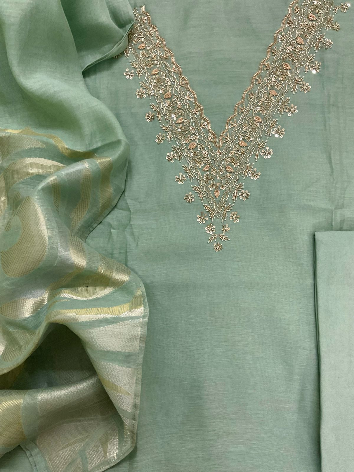 Soft Fine Chanderi Embroidered Jamdani Suit - Green