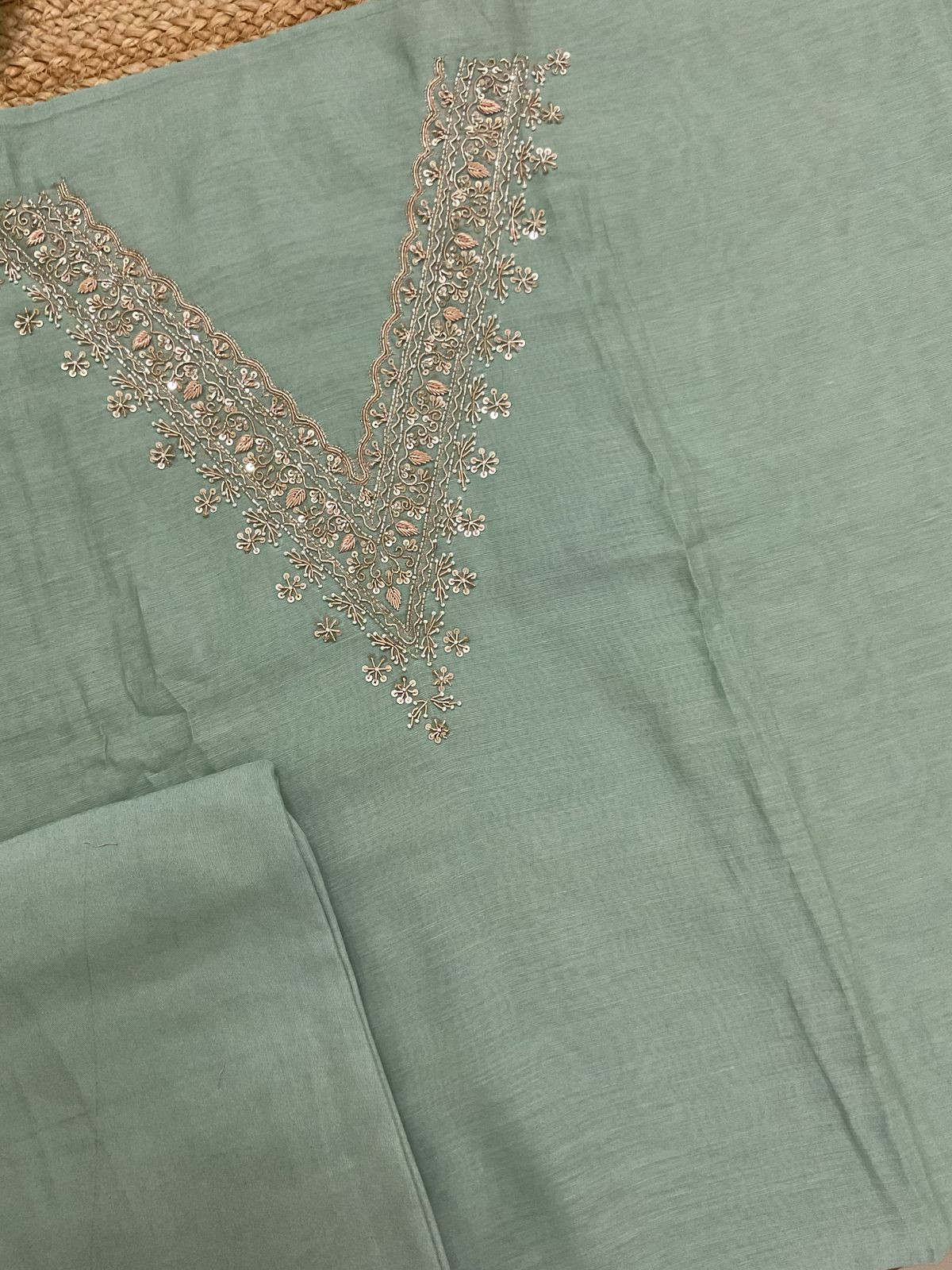 Soft Fine Chanderi Embroidered Jamdani Suit - Green