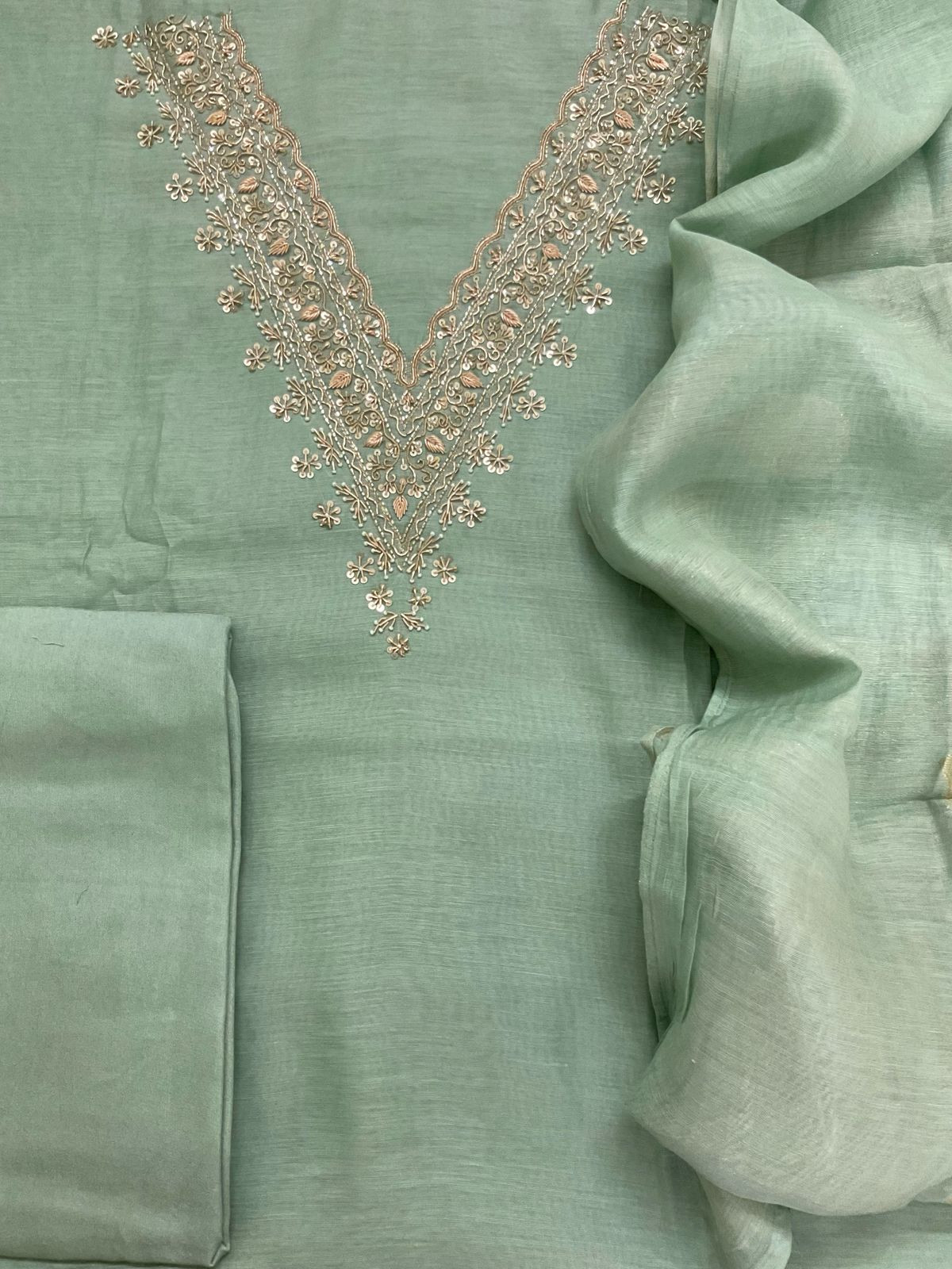 Soft Fine Chanderi Embroidered Jamdani Suit - Green
