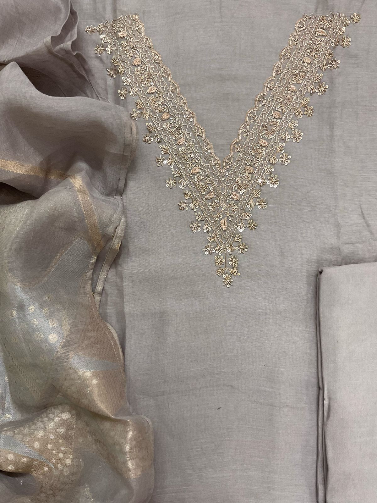 Soft Fine Chanderi Embroidered Jamdani Suit - Lilac Grey