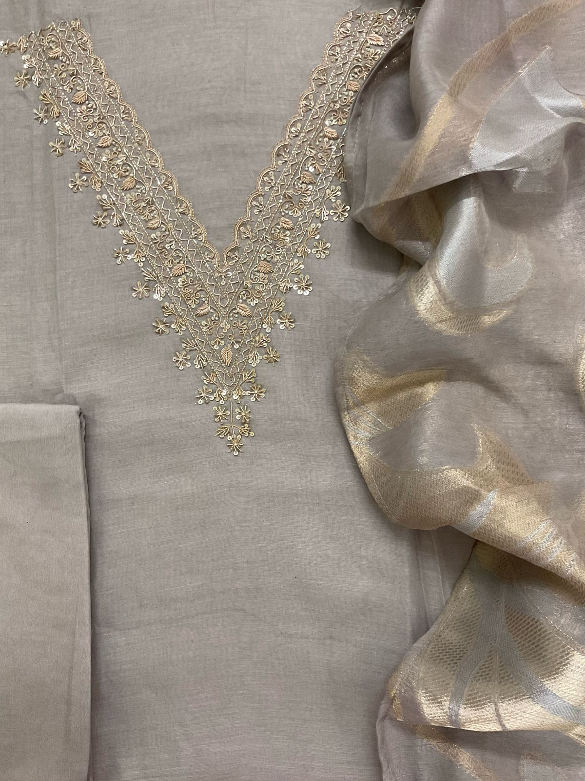 Soft Fine Chanderi Embroidered Jamdani Suit - Lilac Grey