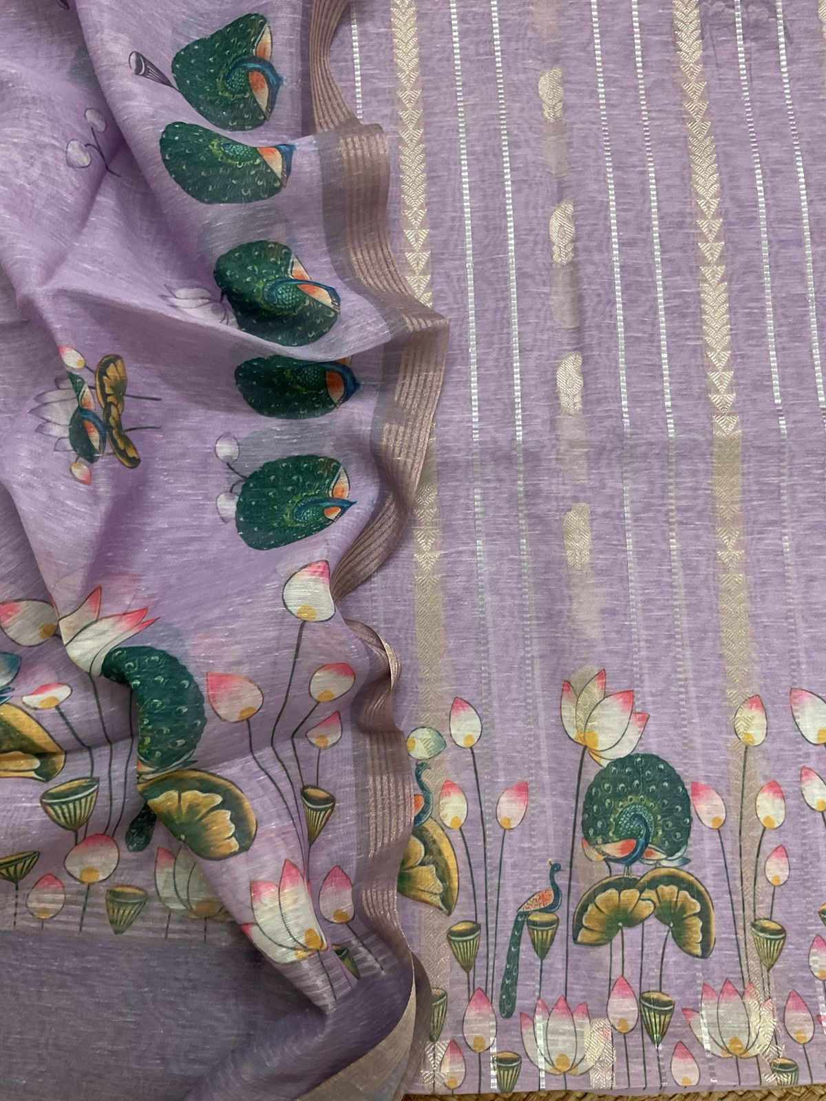 Soft Slub Chanderi Printed Jamdani Weaved Suit - Lavender