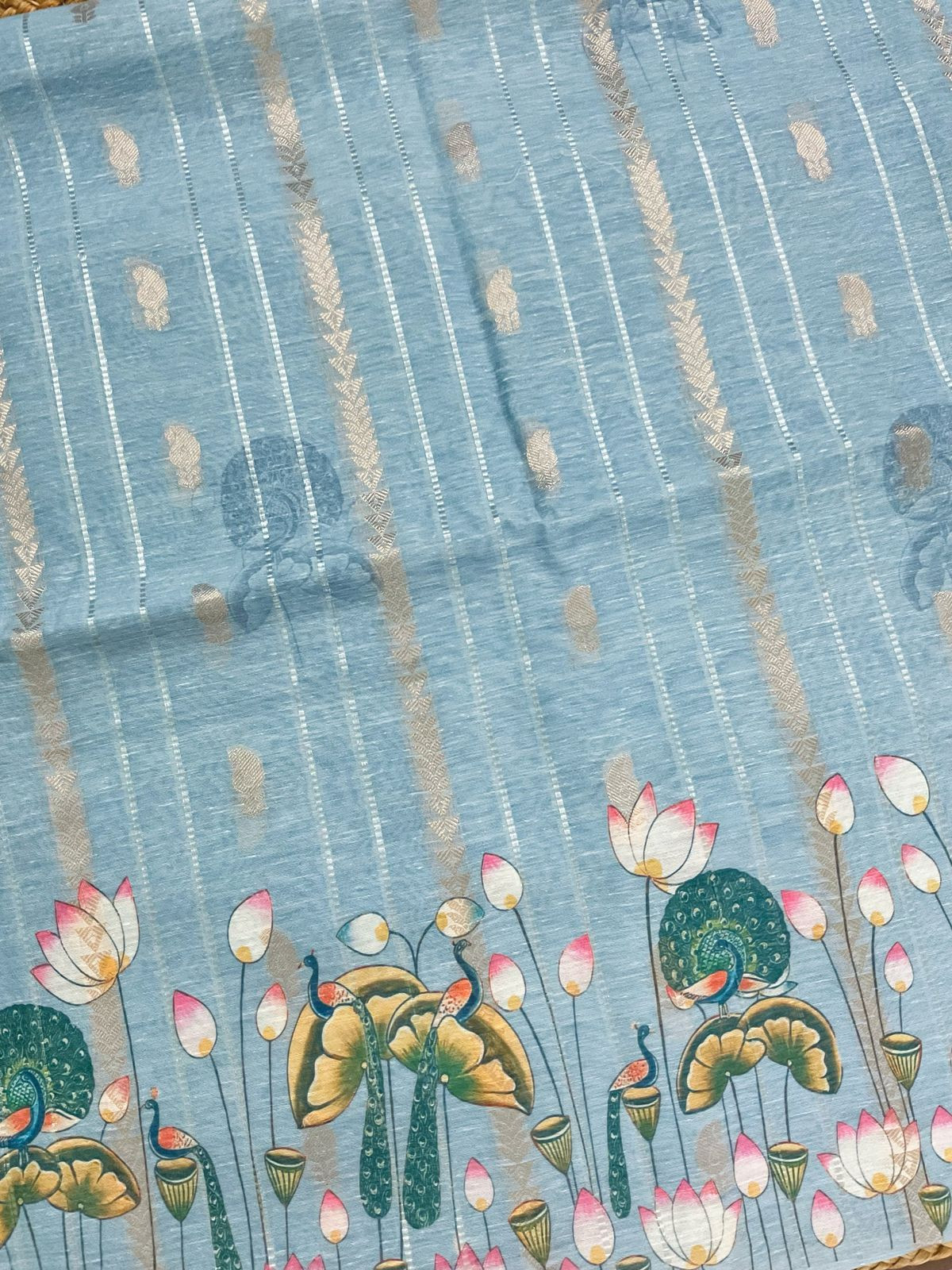 Soft Slub Chanderi Printed Jamdani Weaved Suit - Blue