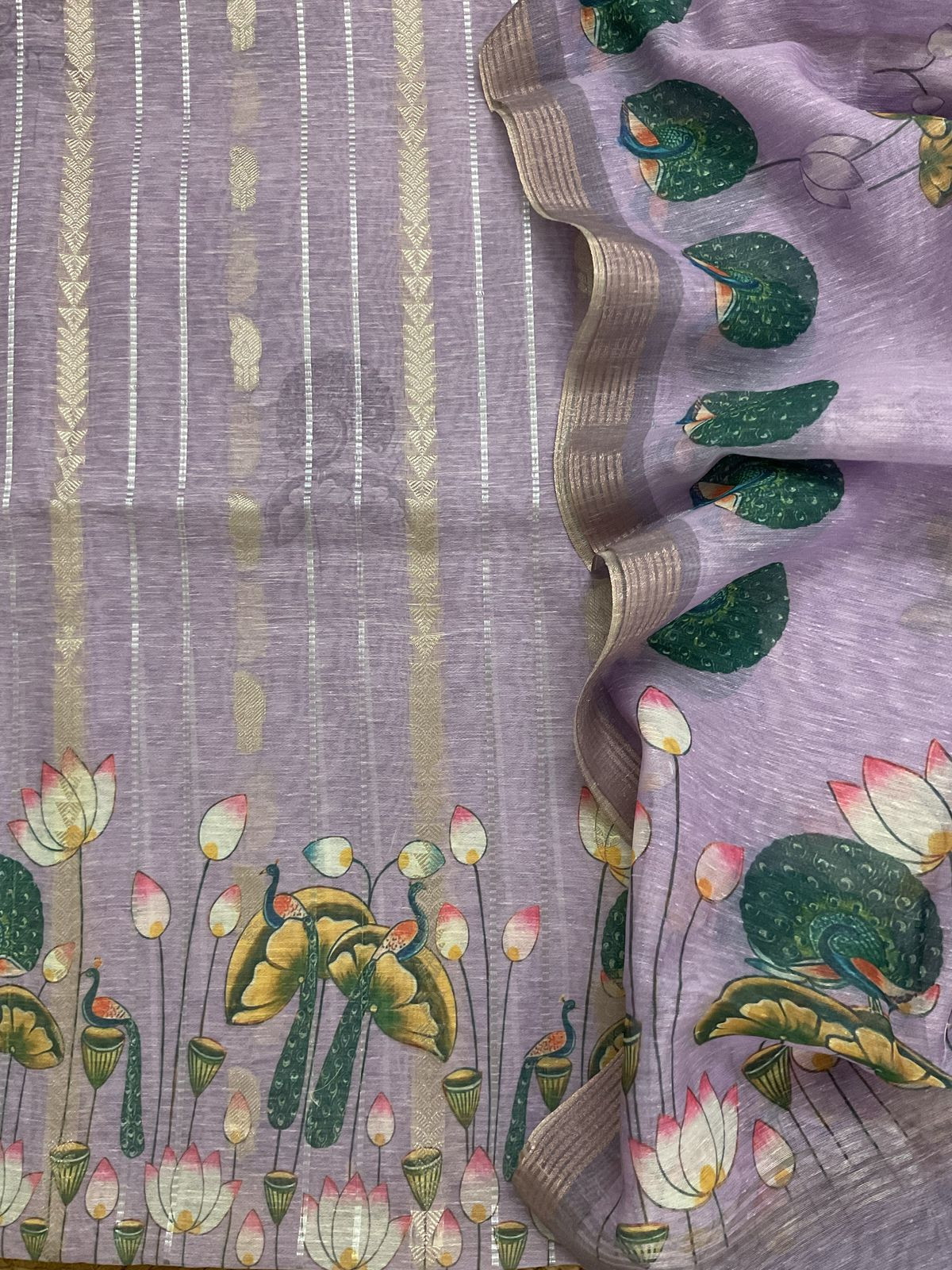 Soft Slub Chanderi Printed Jamdani Weaved Suit - Lavender