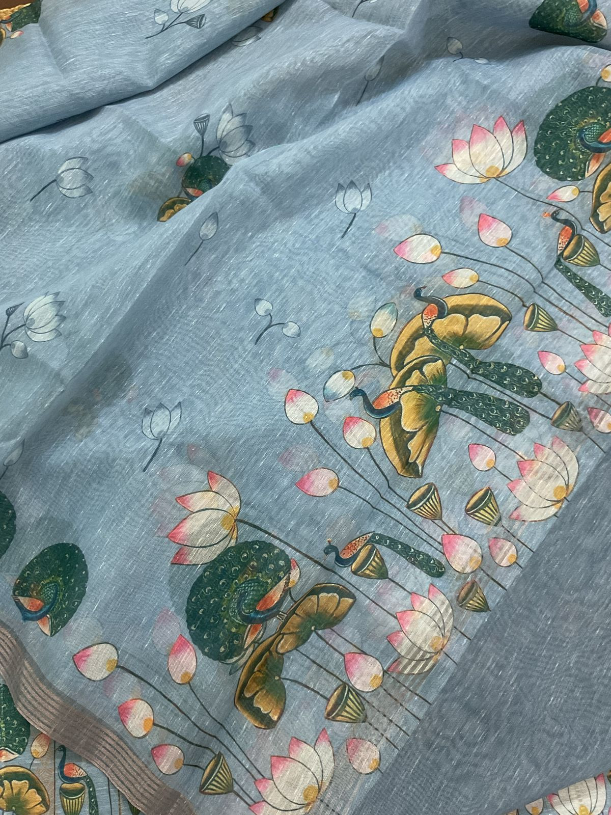 Soft Slub Chanderi Printed Jamdani Weaved Suit - Blue