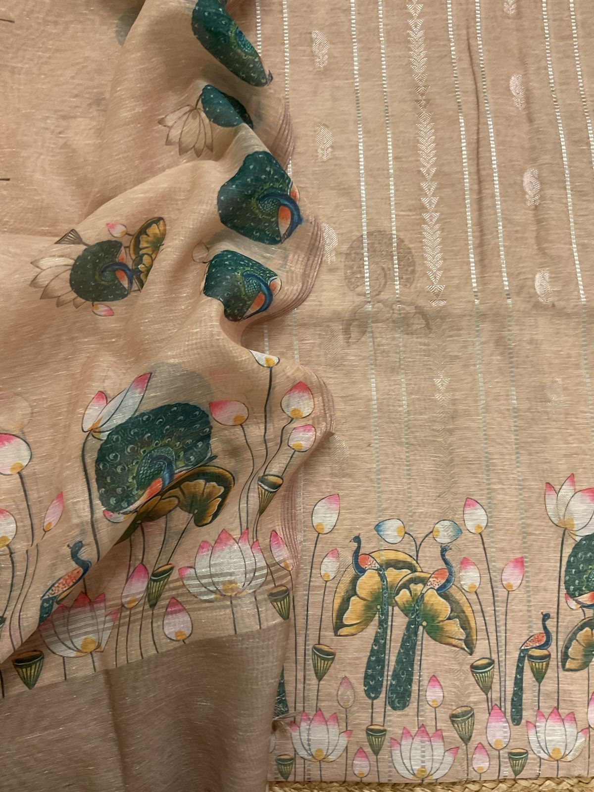 Soft Slub Chanderi Printed Jamdani Weaved Suit - Beige