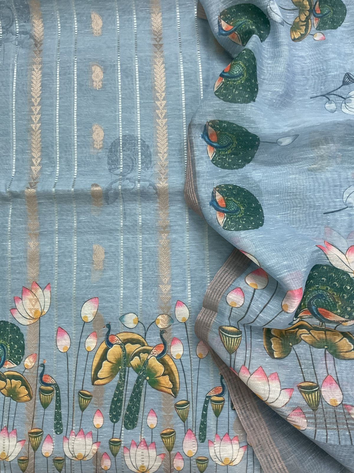 Soft Slub Chanderi Printed Jamdani Weaved Suit - Blue