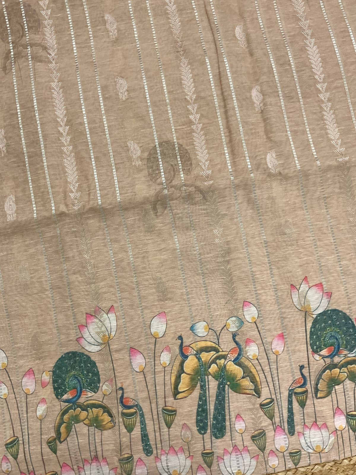 Soft Slub Chanderi Printed Jamdani Weaved Suit - Beige