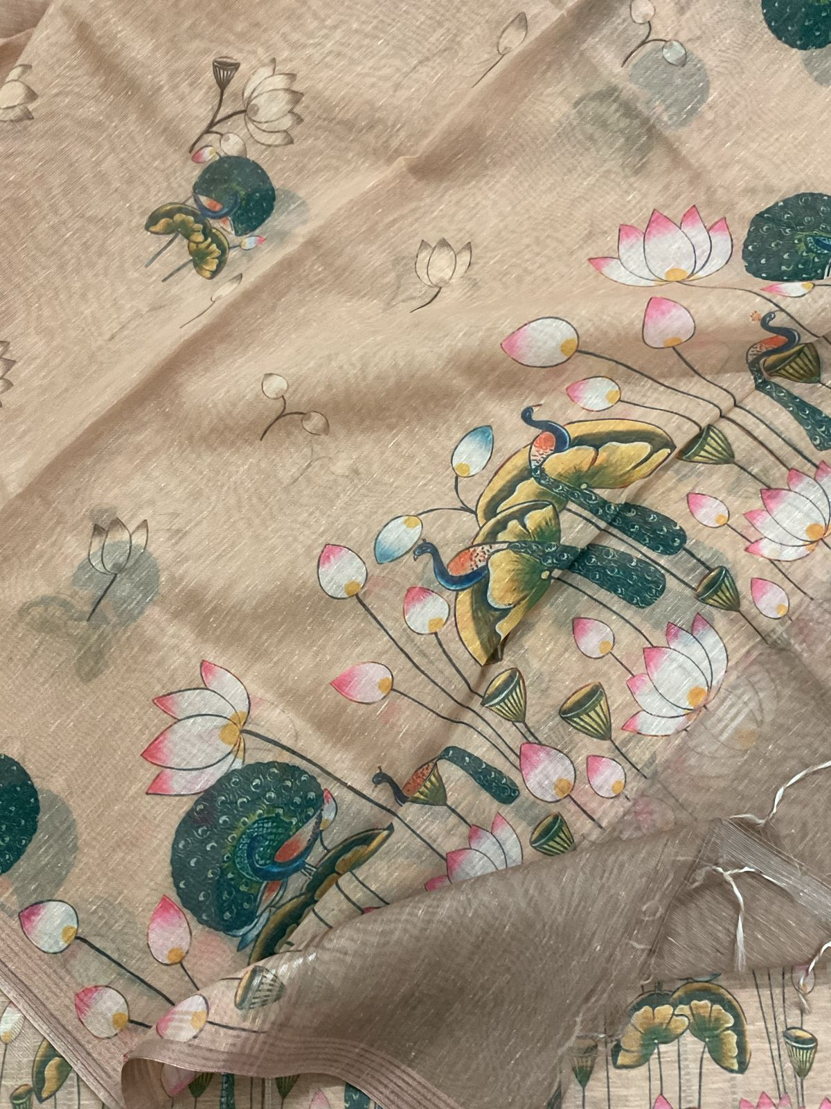 Soft Slub Chanderi Printed Jamdani Weaved Suit - Beige