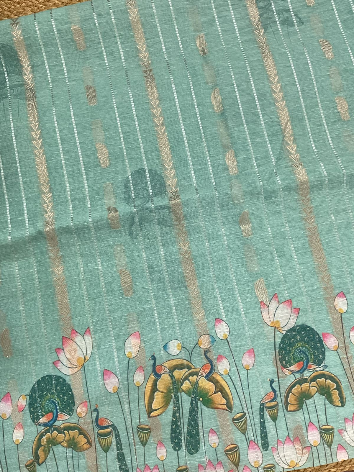 Soft Slub Chanderi Printed Jamdani Weaved Suit - Green