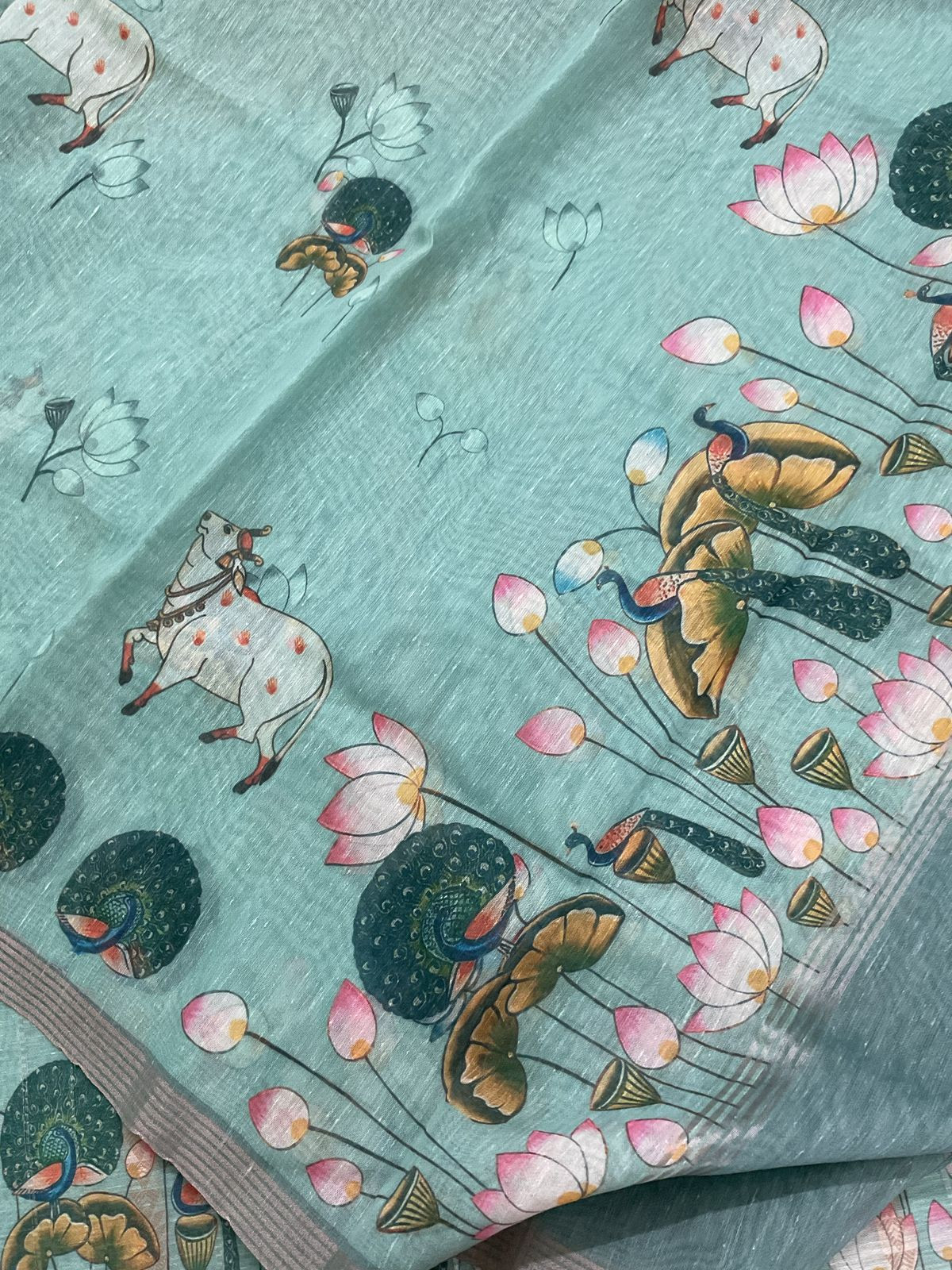 Soft Slub Chanderi Printed Jamdani Weaved Suit - Green