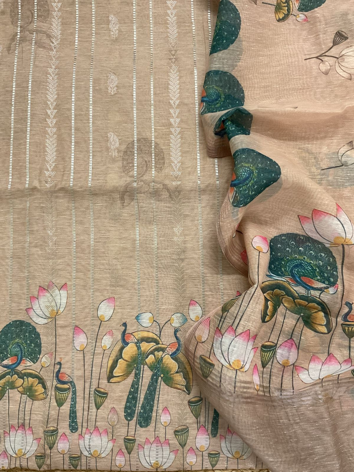 Soft Slub Chanderi Printed Jamdani Weaved Suit - Beige