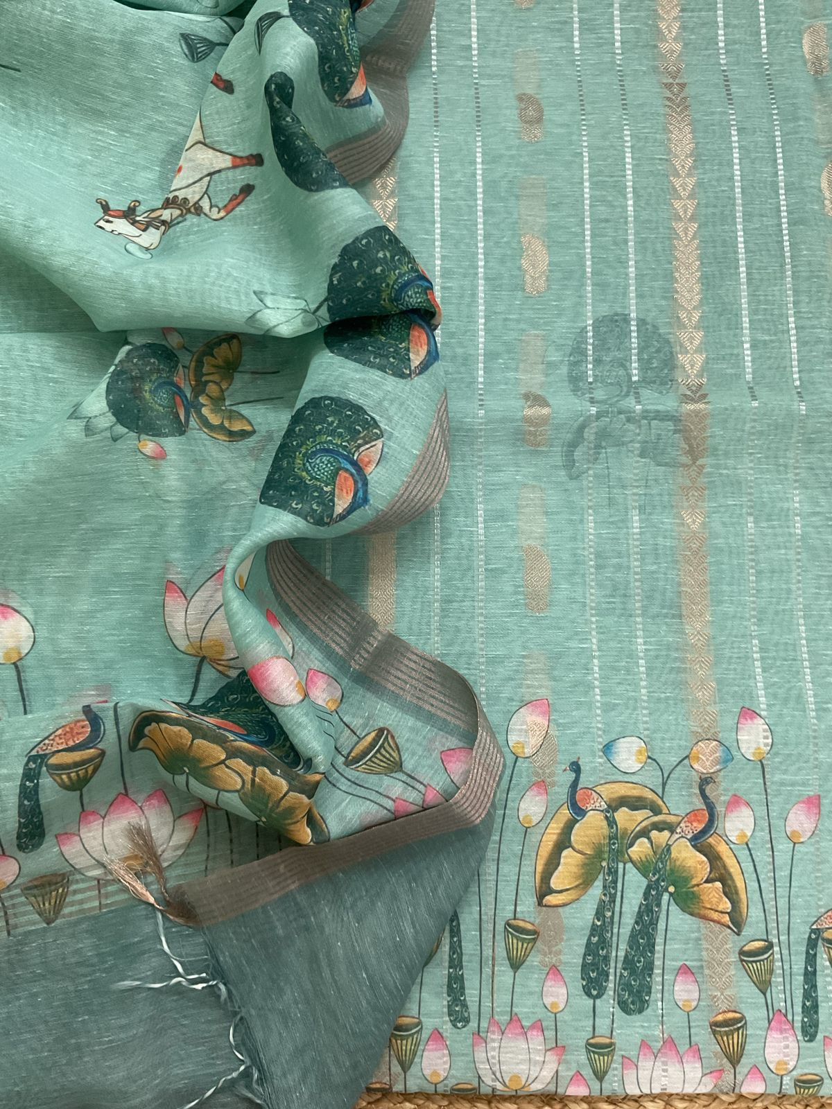 Soft Slub Chanderi Printed Jamdani Weaved Suit - Green