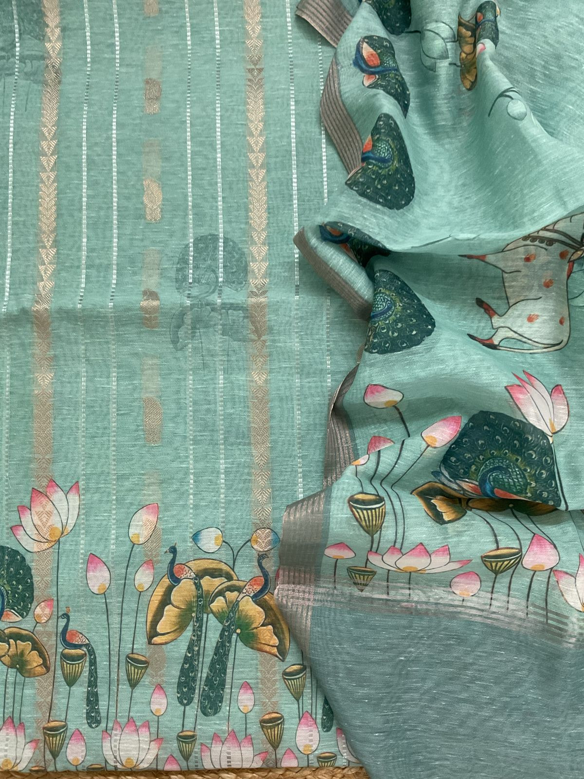 Soft Slub Chanderi Printed Jamdani Weaved Suit - Green