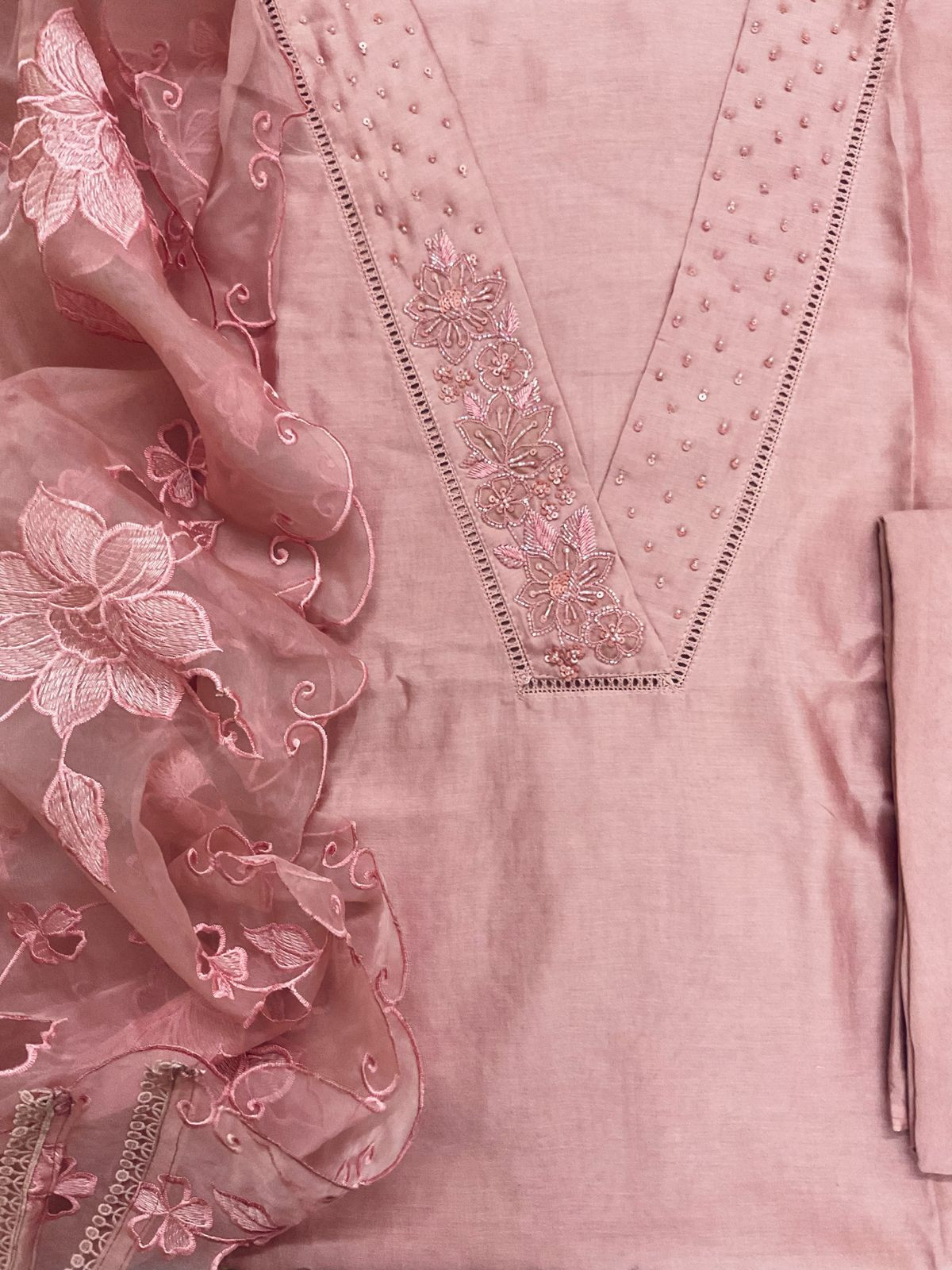 Pure Chanderi Embroidered Suit - Peach
