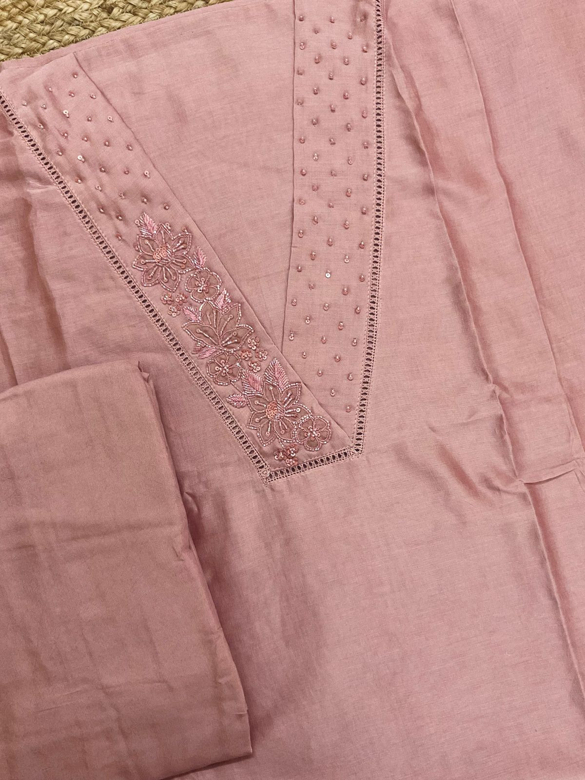 Pure Chanderi Embroidered Suit - Peach
