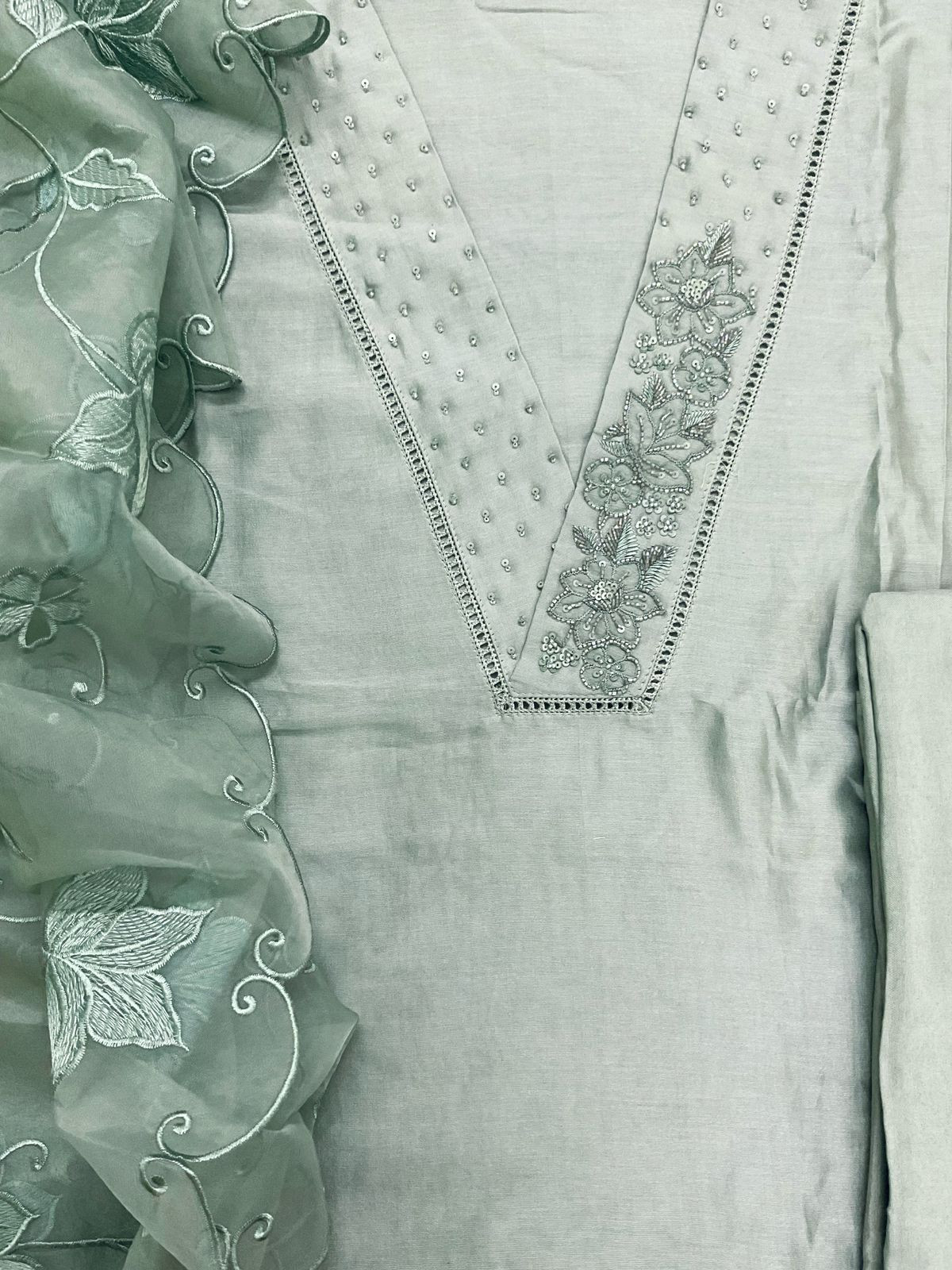Pure Chanderi Embroidered Suit - Green