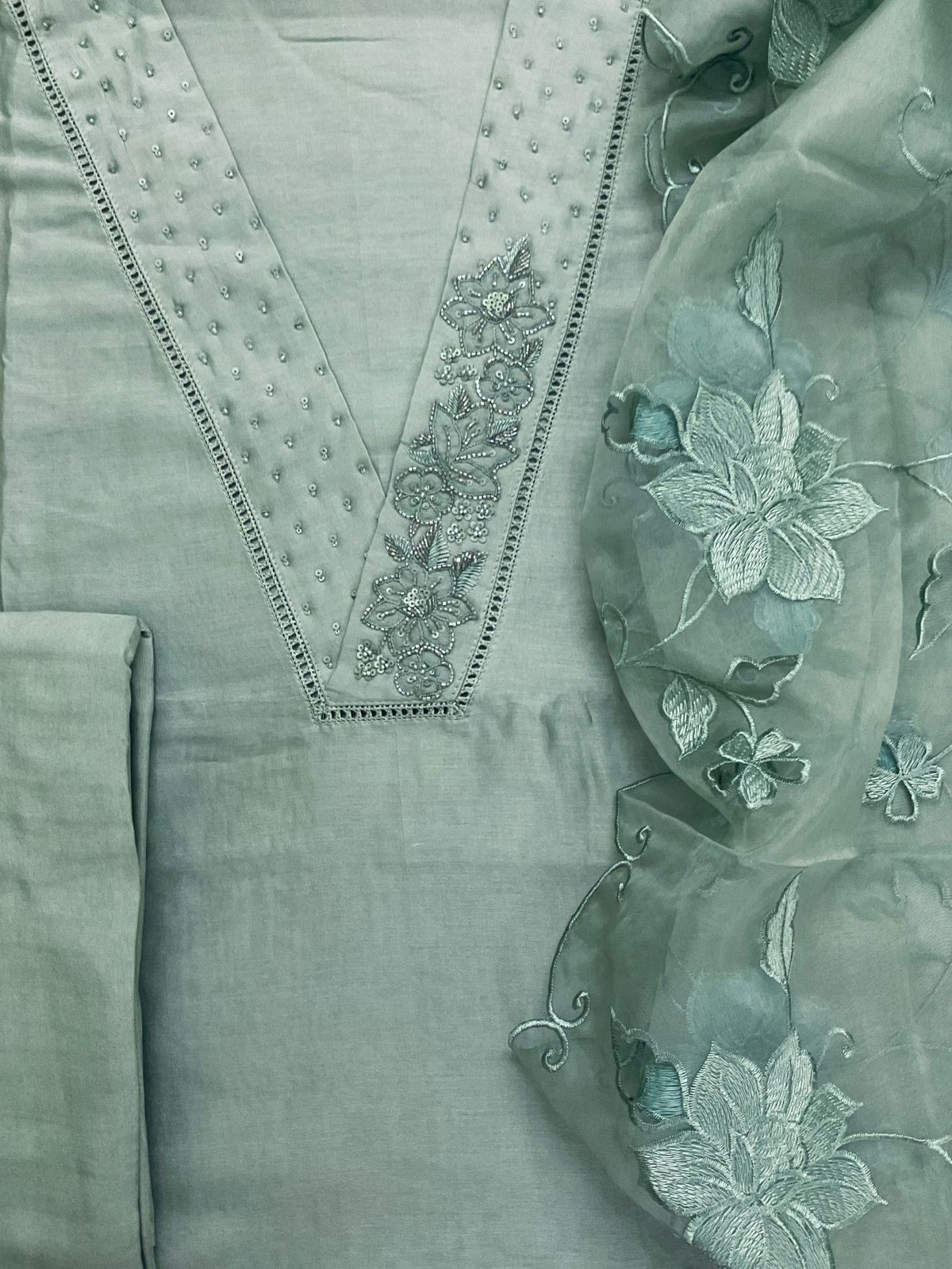 Pure Chanderi Embroidered Suit - Green