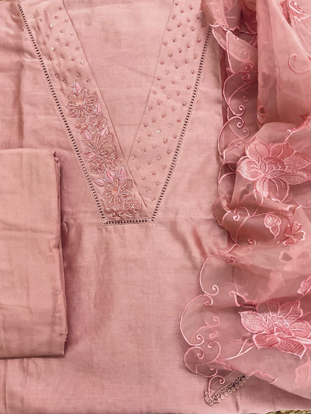 Pure Chanderi Embroidered Suit - Peach