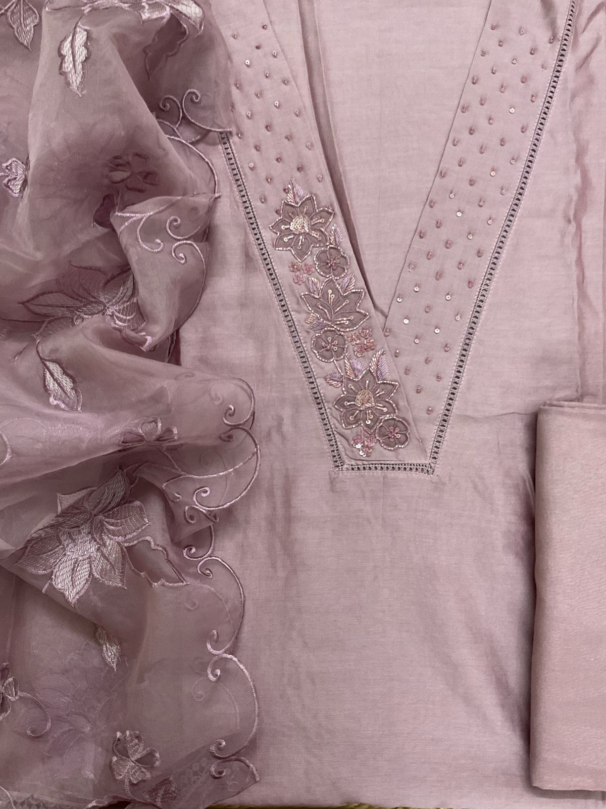 Pure Chanderi Embroidered Suit - Lavender