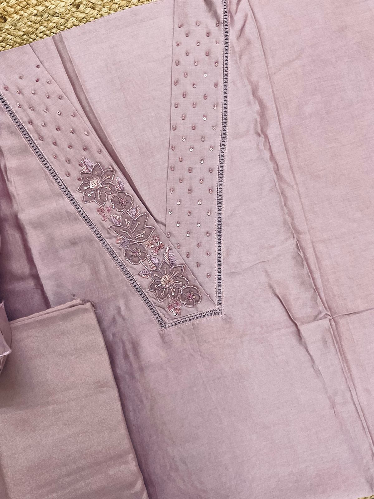 Pure Chanderi Embroidered Suit - Lavender